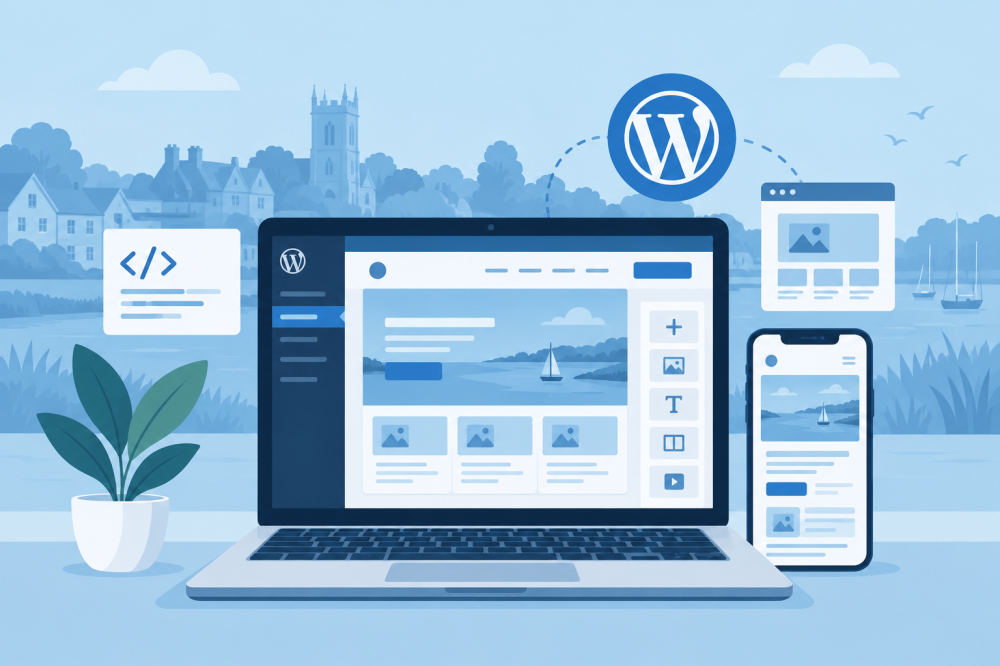 Illustration of a business website on a laptop and phone, with shopfronts and an East London-inspired skyline.
