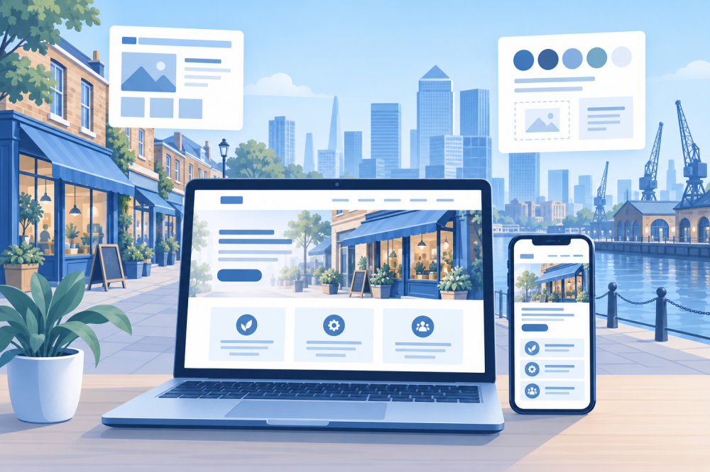 Illustration of a business website on a laptop and phone, with shopfronts and an East London-inspired skyline.
