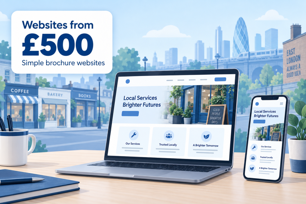 Business website displayed on a laptop and phone beside a sign advertising simple brochure websites from £500.